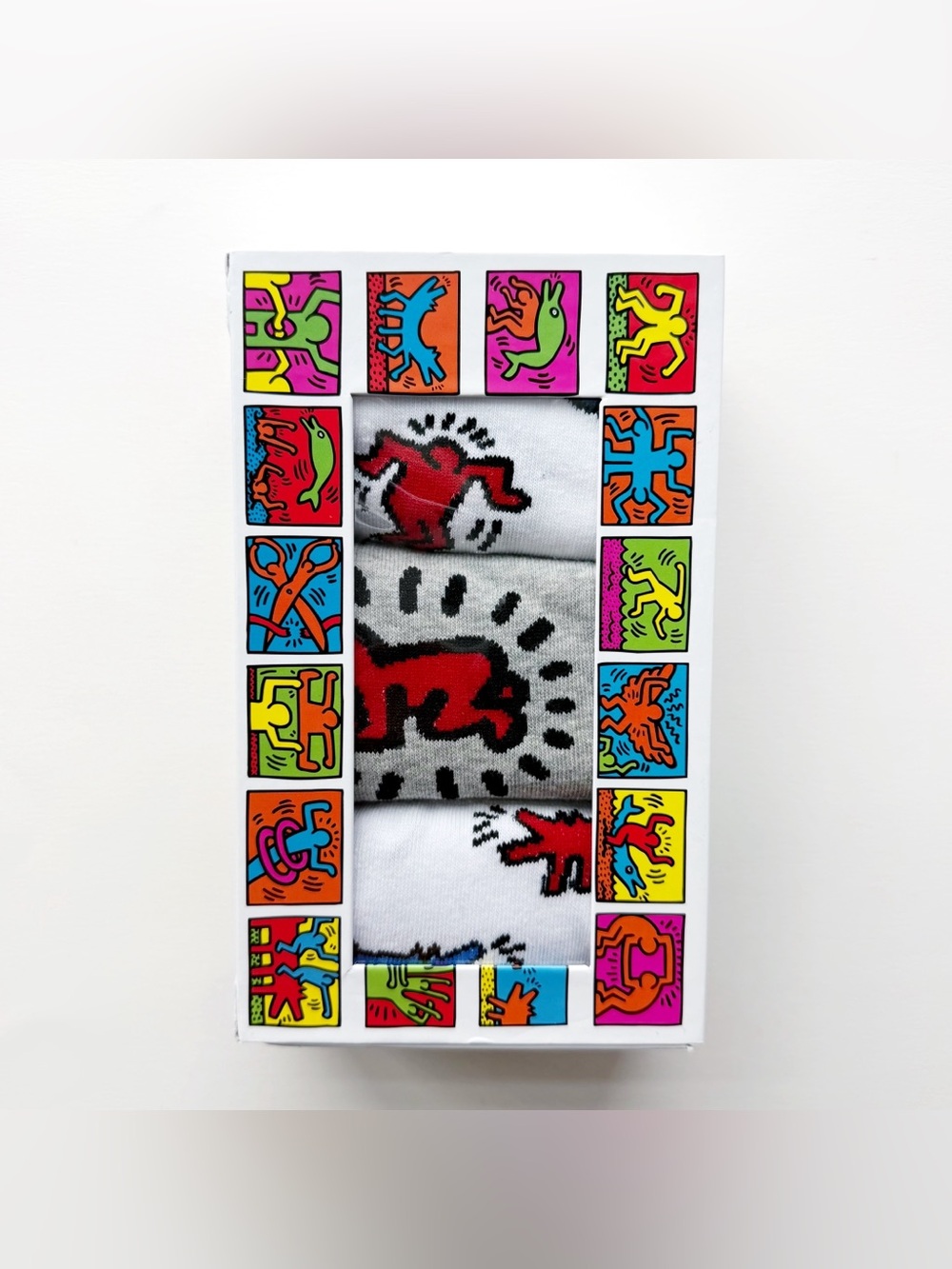 Keith Haring Art Crew Socks Gift Set 3 Pack Mens Rainbow Striped Artwork